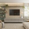 Aline Falci Arquitetura Taş Dokulu TV Ünitesi ve Yeşil Mermer Detaylı Duvar Tasarımı Aline Falci Arquitetura Taş Dokulu TV Ünitesi ve Yeşil Mermer Detaylı Duvar Tasarımı