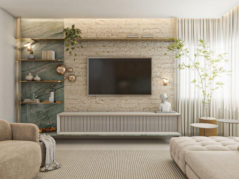Aline Falci Arquitetura Taş Dokulu TV Ünitesi ve Yeşil Mermer Detaylı Duvar Tasarımı Aline Falci Arquitetura Taş Dokulu TV Ünitesi ve Yeşil Mermer Detaylı Duvar Tasarımı