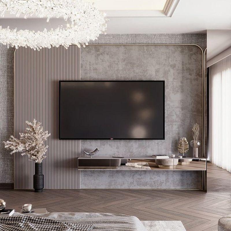 Design99 Modern Çizgili Panel ve Beton Dokulu TV Ünitesi Tasarımı Design99 Modern Çizgili Panel ve Beton Dokulu TV Ünitesi Tasarımı