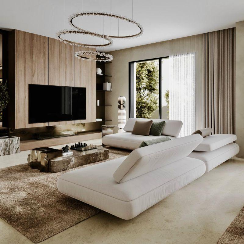 Evento Designs Modern Ahşap Panel ve Kristal Aydınlatmalı TV Ünitesi Evento Designs Modern Ahşap Panel ve Kristal Aydınlatmalı TV Ünitesi