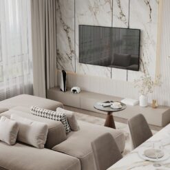 FORSPACE DESIGN Modern Mermer Panel ve Çıta Detaylı TV Ünitesi