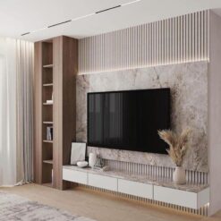 Khan Custom Furniture Modern Çıtalı Panel ve Mermer Dokulu Salon TV Ünitesi