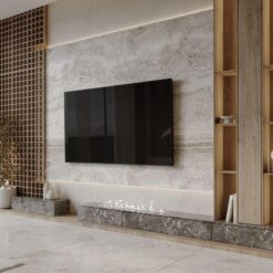 Maison De Nour Modern Mermer Dokulu TV Ünitesi ve Izgara Detaylı Duvar Tasarımı