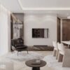 Aleksandra Wachowicz Interiors Modern Çıtalı TV Ünitesi ve Mermer Detaylı Oturma Odası