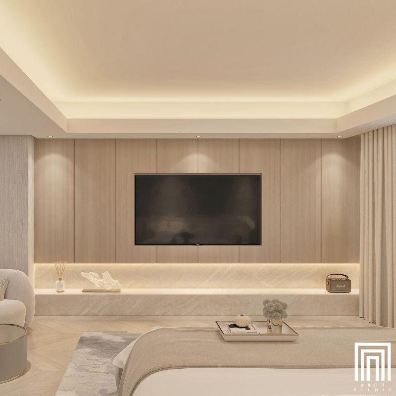 Arch Design Studio Ahşap Panel ve Mermer Şeritli Modern TV Ünitesi Arch Design Studio Ahşap Panel ve Mermer Şeritli Modern TV Ünitesi