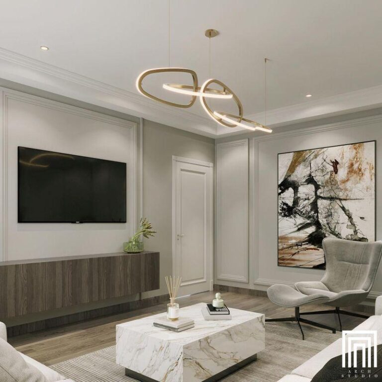 Arch Interior Design Studio Modern Çıtalı TV Ünitesi ve Lüks Mermer ...