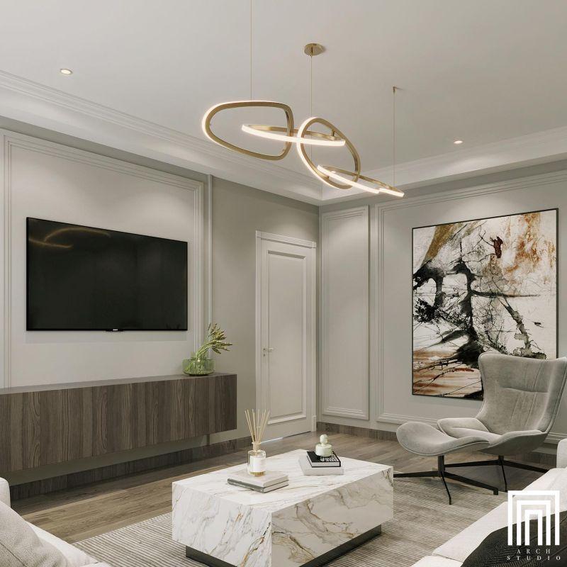 Arch Interior Design Studio Modern Çıtalı TV Ünitesi ve Lüks Mermer Detaylar Arch Interior Design Studio Modern Çıtalı TV Ünitesi ve Lüks Mermer Detaylar