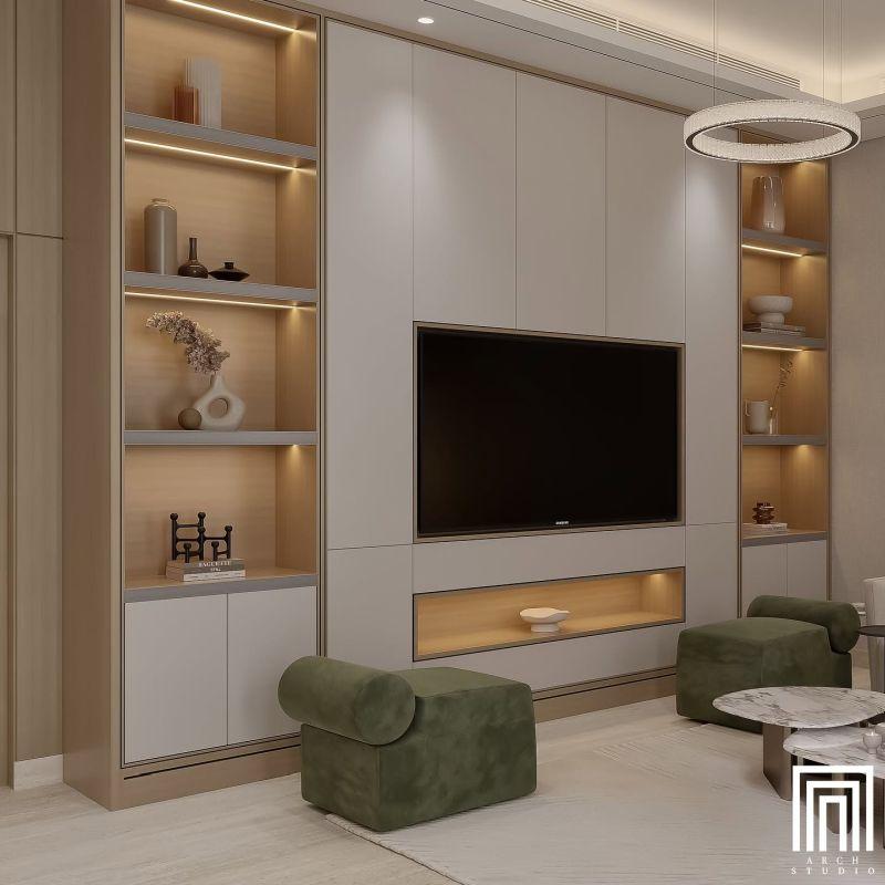 Arch Interior Design Studio Modern Gri-Altın Nişli TV Ünitesi Arch Interior Design Studio Modern Gri-Altın Nişli TV Ünitesi