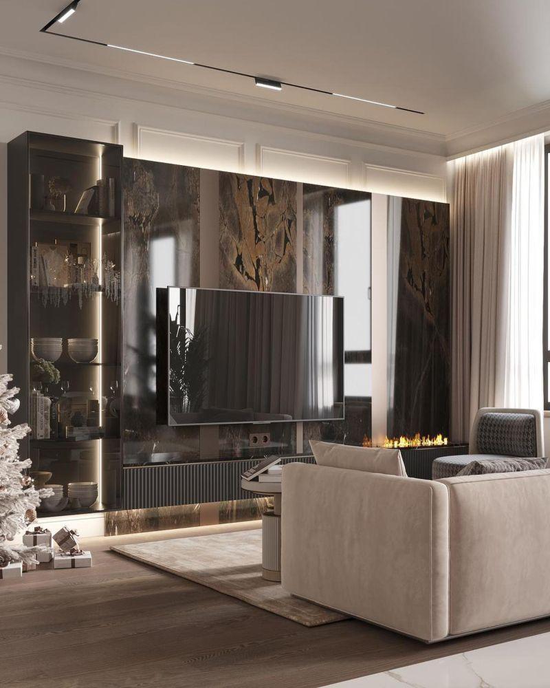 Contemp Classic Mermer Panel ve Klasik Çıtalı Lüks TV Ünitesi Contemp Classic Mermer Panel ve Klasik Çıtalı Lüks TV Ünitesi
