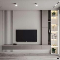 DesignRsl Modern Çıtalı Gri TV Ünitesi Tasarımı