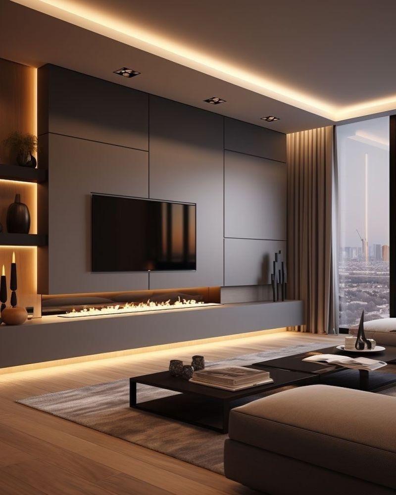 DesignRsl Modern Gri Panel ve Gizli Aydınlatmalı TV Ünitesi DesignRsl Modern Gri Panel ve Gizli Aydınlatmalı TV Ünitesi
