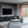 Erica Salguero Arquitetura Modern Çıtalı Antrasit TV Ünitesi Tasarımı