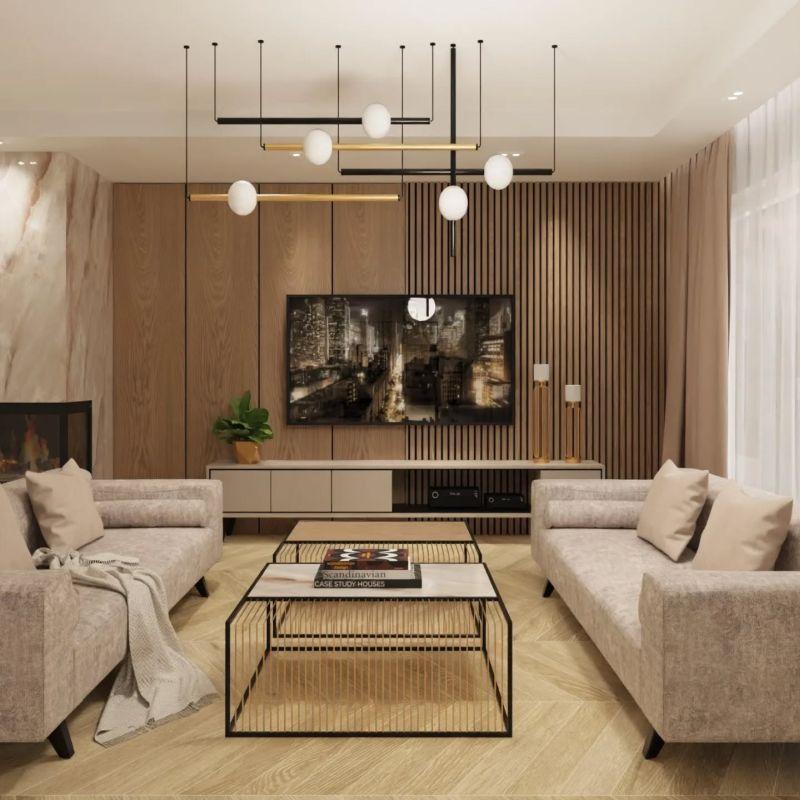 Homeemotions Architects Modern Ahşap Çıtalı TV Ünitesi ve Şömineli Oturma Odası Homeemotions Architects Modern Ahşap Çıtalı TV Ünitesi ve Şömineli Oturma Odası