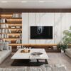 KANDO ARCHITECTS  Mermer Panel ve Ahşap Kitaplıklı Modern TV Ünitesi