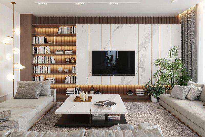KANDO ARCHITECTS Mermer Panel ve Ahşap Kitaplıklı Modern TV Ünitesi KANDO ARCHITECTS Mermer Panel ve Ahşap Kitaplıklı Modern TV Ünitesi