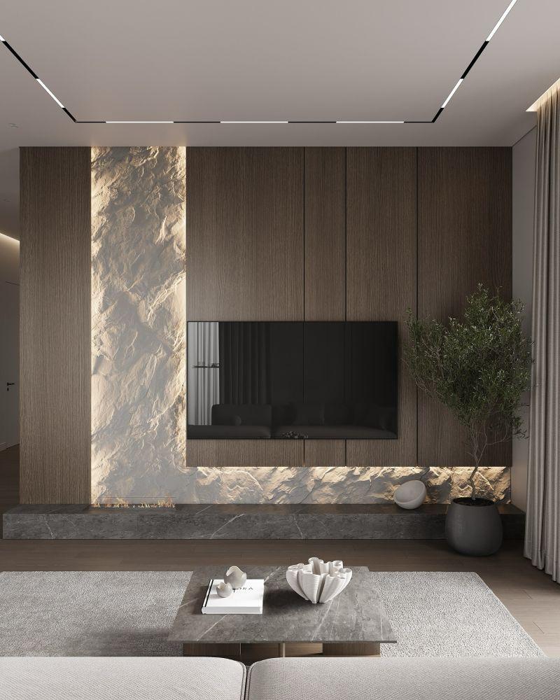 Luiza Başirova interiors Doğal Taş ve Ahşap Dokulu Modern TV Ünitesi Luiza Başirova interiors Doğal Taş ve Ahşap Dokulu Modern TV Ünitesi