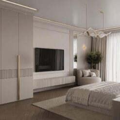 Luiza Başirova interiors Modern Çıtalı Yatak Odası TV Ünitesi