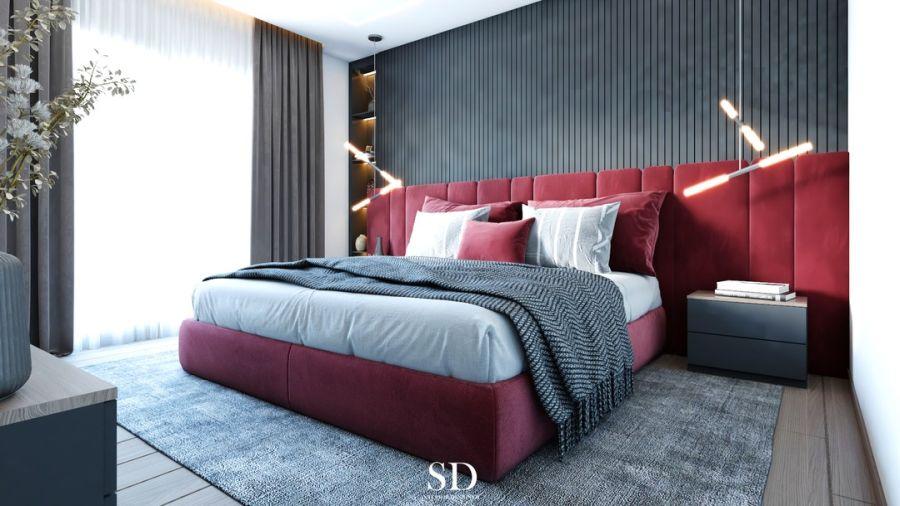 Modern Kontrast Dikey Çıtalı Duvar ve Bordo Yatak Başı Çıta Uygulaması – sireen.design Modern Kontrast Dikey Çıtalı Duvar ve Bordo Yatak Başı Çıta Uygulaması – sireen.design