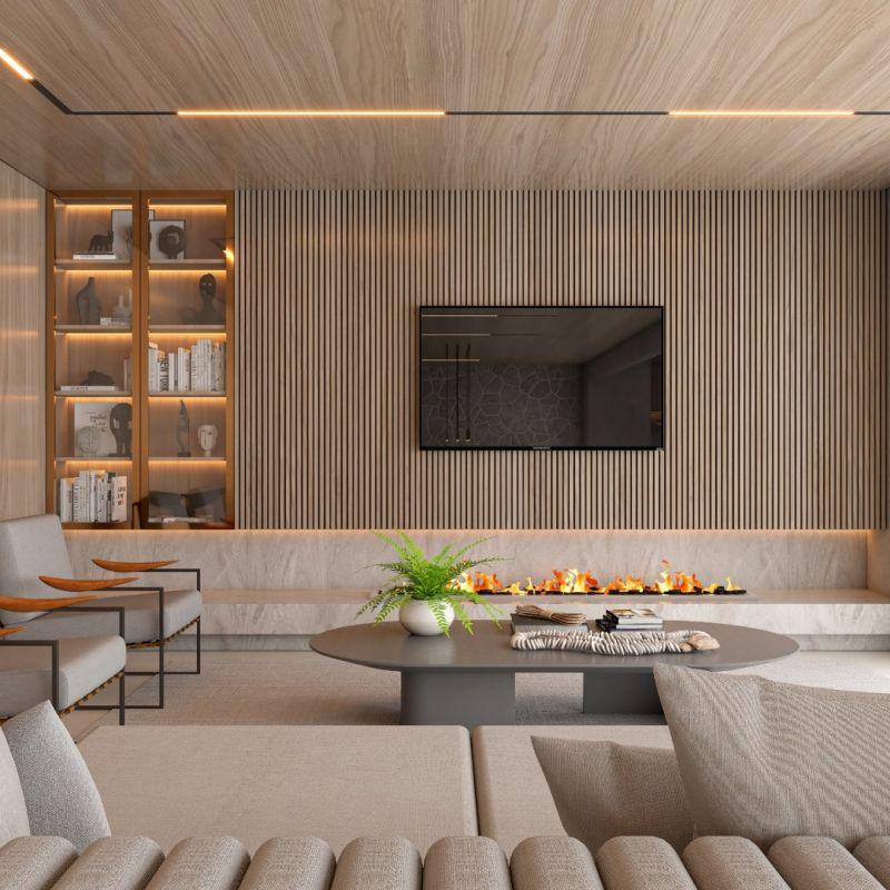 Rocha Andrade Arquitetura Dikey Çıtalı Modern Şömineli TV Ünitesi Rocha Andrade Arquitetura Dikey Çıtalı Modern Şömineli TV Ünitesi