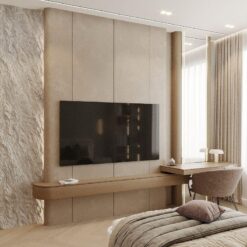 Vesta Design Dokulu Taş Panel ve Modern Çizgili TV Ünitesi