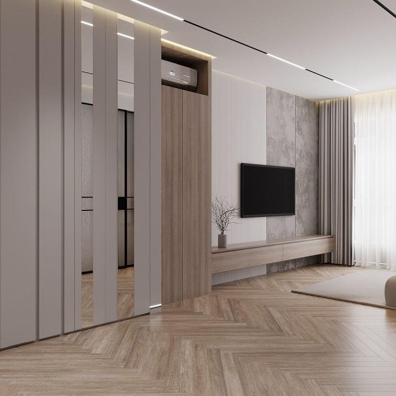 Vesta Design Modern Çıtalı TV Ünitesi ve Balık Sırtı Parke Tasarımı Vesta Design Modern Çıtalı TV Ünitesi ve Balık Sırtı Parke Tasarımı