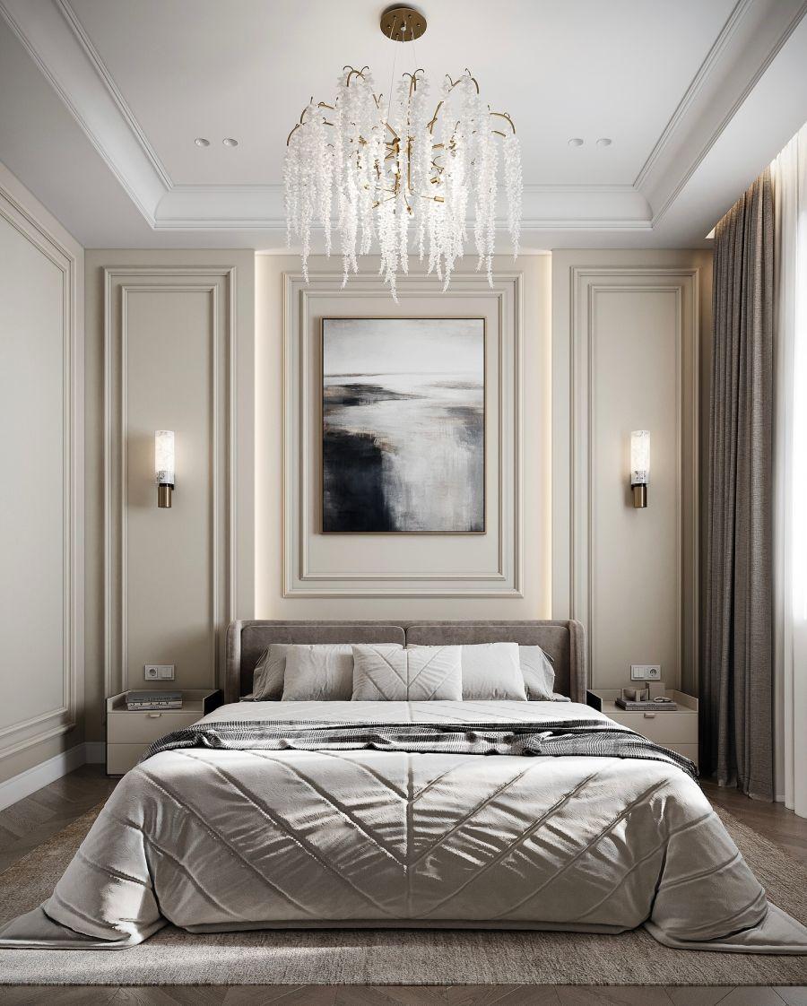 Zarif Çerçeveli Yatak Başı Duvar Paneli ile Modern Klasik Yatak Odası – sofya_design_studio Zarif Çerçeveli Yatak Başı Duvar Paneli ile Modern Klasik Yatak Odası – sofya_design_studio