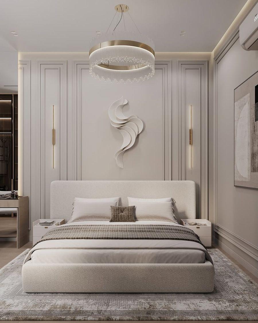 Zarif Dalgalı Yatak Başı Duvar Paneli ile Modern Lüks Yatak Odası – design99 Zarif Dalgalı Yatak Başı Duvar Paneli ile Modern Lüks Yatak Odası – design99