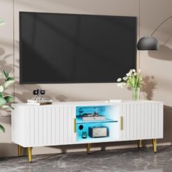 Altın Ayaklı Beyaz LEDli Modern TV Sehpası 140 cm