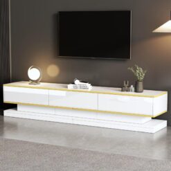 Altın Detaylı Parlak Beyaz 200 cm TV Sehpası