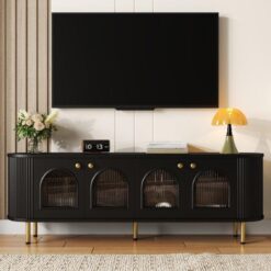 Altın Detaylı Siyah Cam Kapaklı TV Ünitesi 170 cm