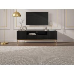 Altın Detaylı Siyah Endüstriyel Ahşap TV Sehpası 190 cm