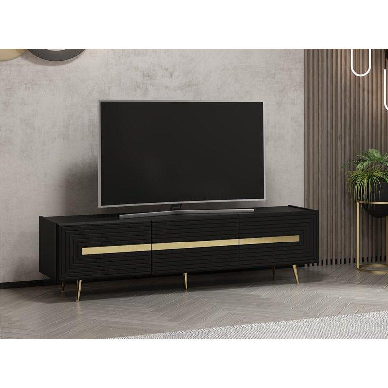 Altın Detaylı Siyah Modern TV Sehpası 180 cm Altın Detaylı Siyah Modern TV Sehpası 180 cm