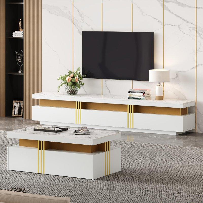 Beyaz Altın Şeritli Modern TV Sehpası ve Orta Sehpa Takımı Beyaz Altın Şeritli Modern TV Sehpası ve Orta Sehpa Takımı