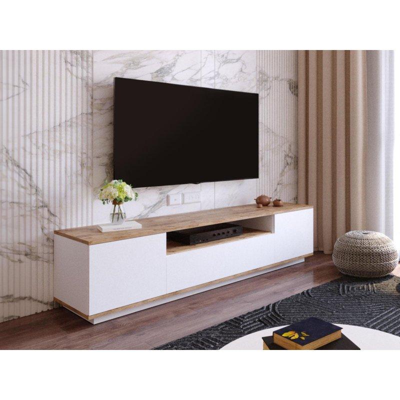 Beyaz Doğal Ahşap Detaylı 180 cm TV Sehpası Beyaz Doğal Ahşap Detaylı 180 cm TV Sehpası
