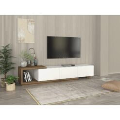 Beyaz Doğal Ahşap Detaylı 200 cm TV Sehpası