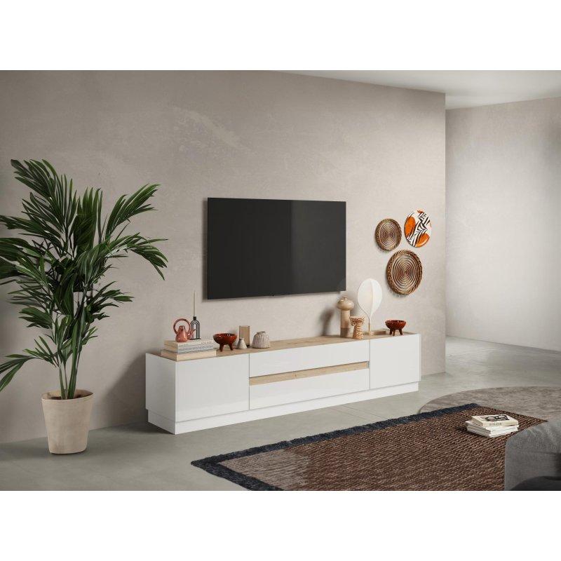 Beyaz Doğal Ahşap Detaylı 204 cm TV Sehpası Beyaz Doğal Ahşap Detaylı 204 cm TV Sehpası