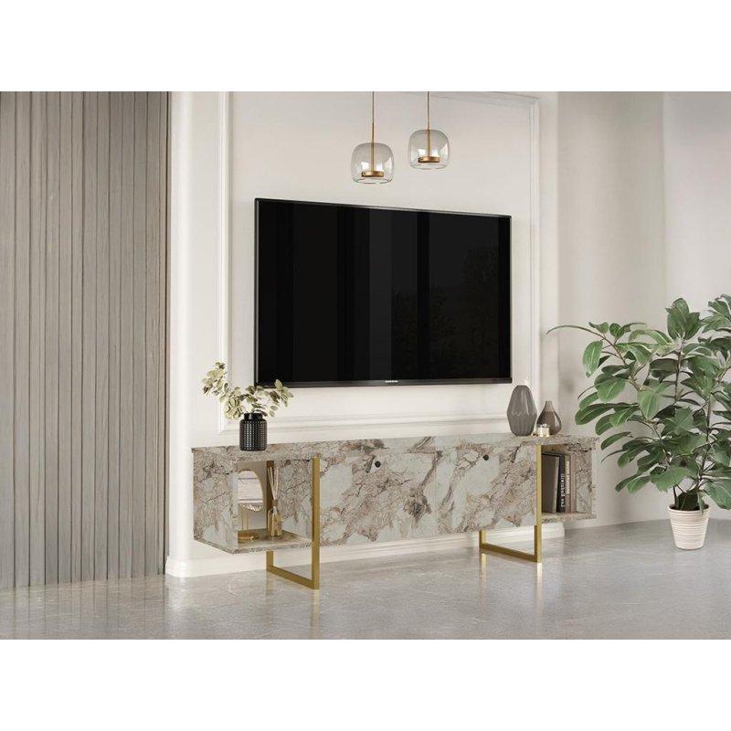 Beyaz Mermer Desenli Altın Detaylı TV Sehpası 160 cm Beyaz Mermer Desenli Altın Detaylı TV Sehpası 160 cm