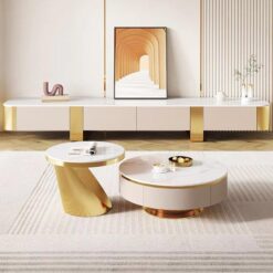 Beyaz Parlak Sinterlı Taş Üstlü Gold Metal Detaylı TV Ünitesi 200x40x36 cm – 79333