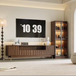 Ceviz Renkli Endüstriyel Ahşap Dolaplı TV Ünitesi 200×160 cm Açık Raflı Cam Vitrin Kombinesi – 78811