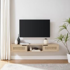 Doğal Ahşap Sahil Temalı 147 cm Duvara Monte TV Ünitesi Açılır Kapılar – 78373