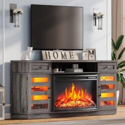 Eğri Tasarımlı Elektrikli Şömineli 178 cm Gri Endüstriyel Ahşap Dolaplı TV Ünitesi – 78790