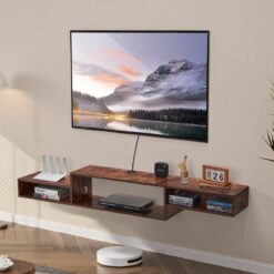 Endüstriyel Ahşap Duvara Monte TV Ünitesi 180 cm Açık Depolama ve Güç Prizli – 78442