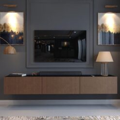 Endüstriyel Ahşap Duvara Monte TV Ünitesi 180 cm Geniş Gizli Depolama Kapılı – 78409