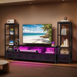 Endüstriyel Ahşap Metal TV Ünitesi 226×120 cm LED Aydınlatma ve Şarj Portlu – 78676