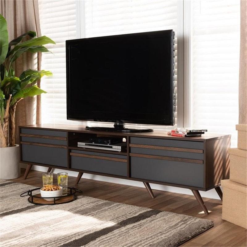 İki Tonlu Gri Ceviz Renkli Endüstriyel Ahşap Antrasit TV Ünitesi 180x47x35 cm İki Tonlu Gri Ceviz Renkli Endüstriyel Ahşap Antrasit TV Ünitesi 180x47x35 cm