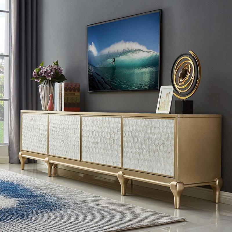 Masif Ahşap Beyaz Detaylı Gold TV Ünitesi 220x40x60 cm – 79312 Masif Ahşap Beyaz Detaylı Gold TV Ünitesi 220x40x60 cm – 79312