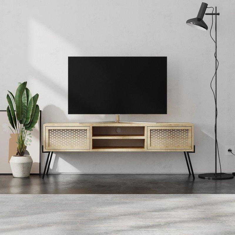 Modern Ahşap Desenli Metal Ayaklı TV Sehpası 140 cm Modern Ahşap Desenli Metal Ayaklı TV Sehpası 140 cm