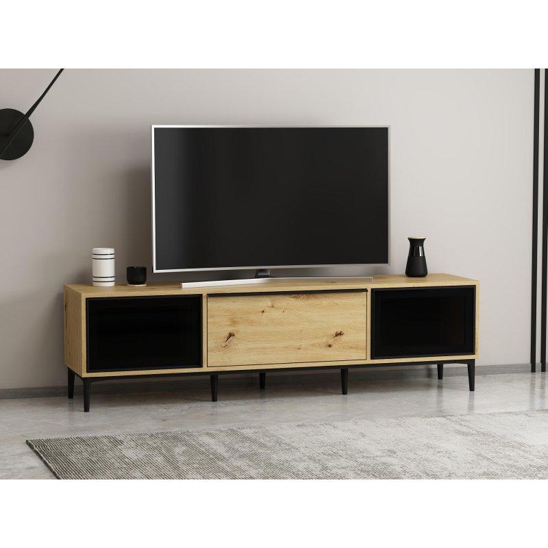 Modern Ahşap ve Siyah Camlı 180 cm TV Sehpası Modern Ahşap ve Siyah Camlı 180 cm TV Sehpası