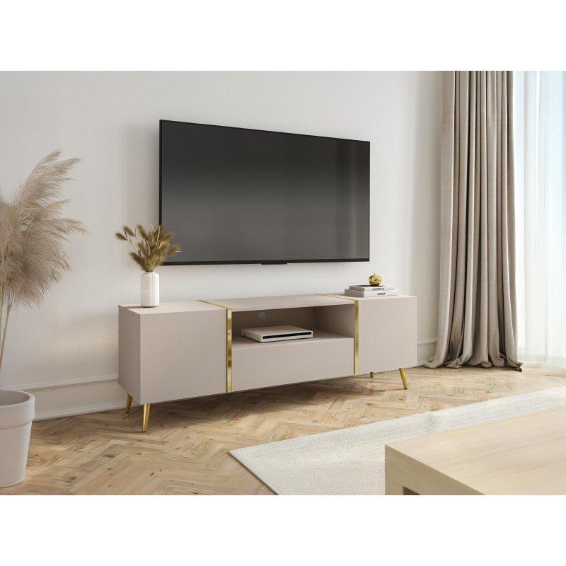 Modern Bej Altın Detaylı Açık Raflı TV Sehpası 158 cm Modern Bej Altın Detaylı Açık Raflı TV Sehpası 158 cm