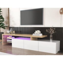 Modern Beyaz Ahşap 200 cm LEDli TV Sehpası